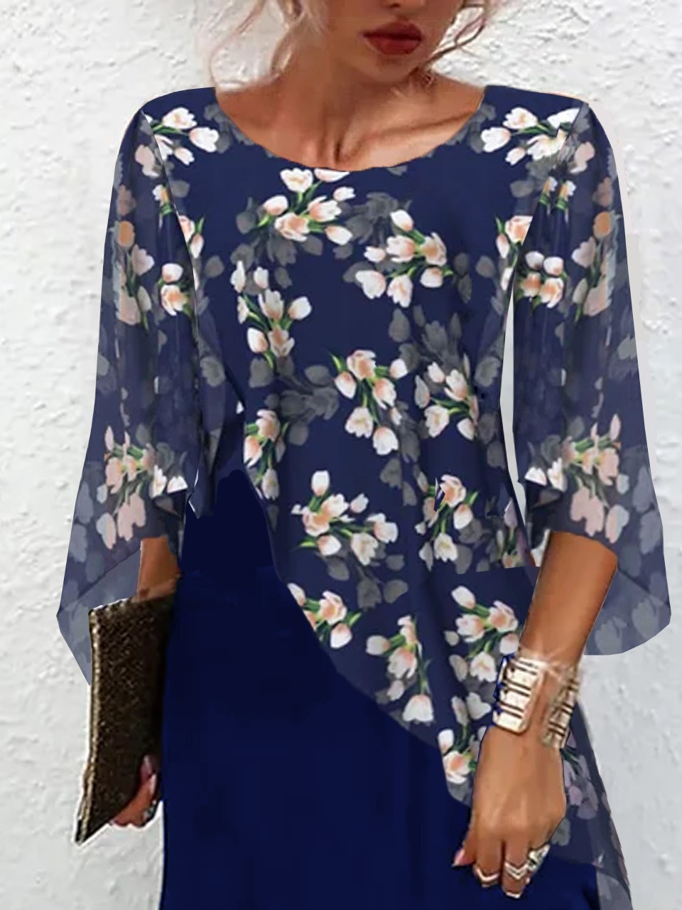 Women's Three Quarter Sleeve Spring/Fall Floral Dress Crew Neck Holiday Going Out Casual Midi H-Line