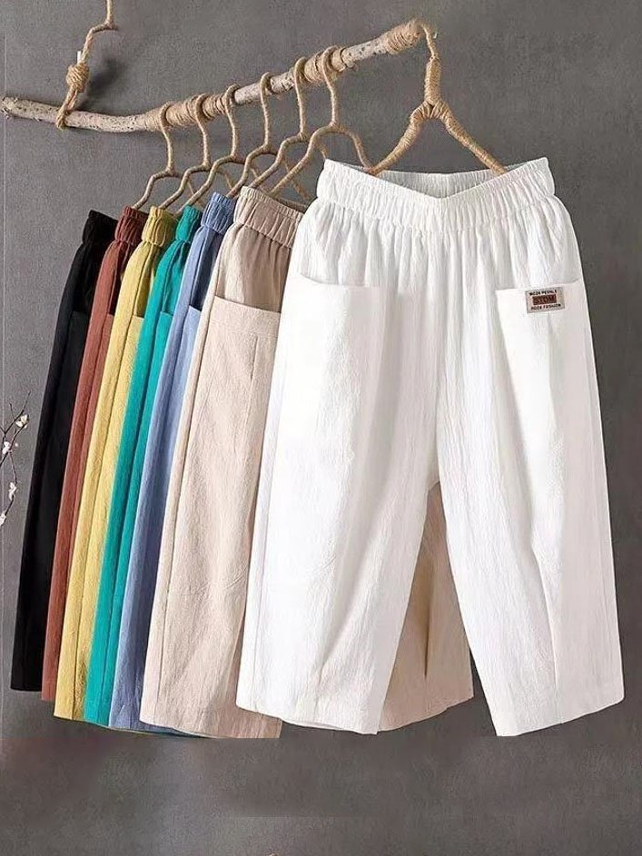 Women's Trousers Elastic Waist Straight Pants Daily Going Out Casual Pocket Stitching Cotton Plain Summer Pants