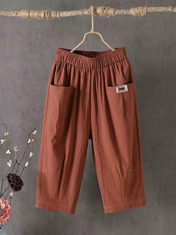 Women's Trousers Elastic Waist Straight Pants Daily Going Out Casual Pocket Stitching Cotton Plain Summer Pants