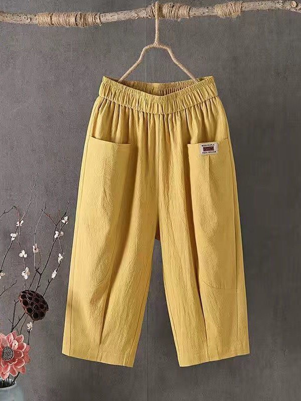 Women's Trousers Elastic Waist Straight Pants Daily Going Out Casual Pocket Stitching Cotton Plain Summer Pants