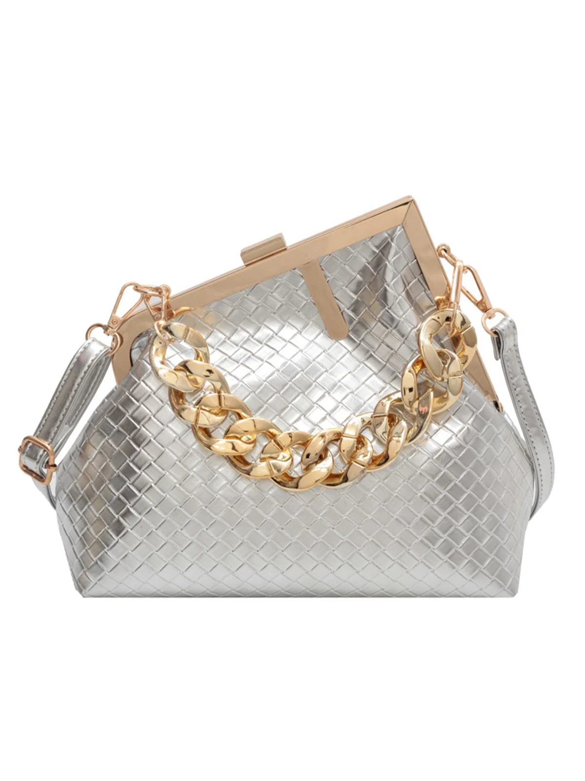 Casual Woven Metal Clutch Chain Handbag with Crossbody Strap