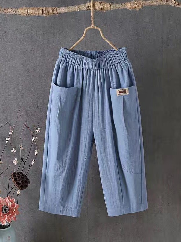 Women's Trousers Elastic Waist Straight Pants Daily Going Out Casual Pocket Stitching Cotton Plain Summer Pants