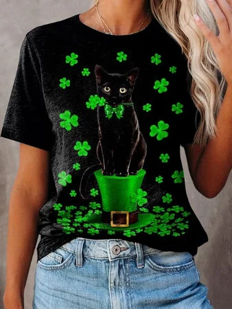 Women's Four-leaf Clover Short Sleeve Tee T-shirt Crew Neck Casual Summer Top