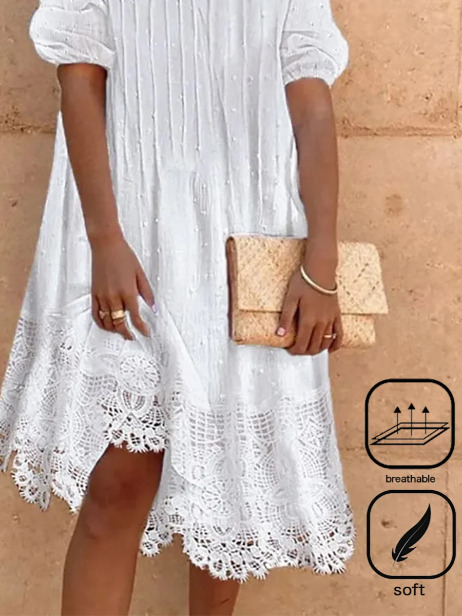 Women's Half Sleeve Summer Plain Lace Cotton Dress V Neck Daily Going Out Casual Midi H-Line