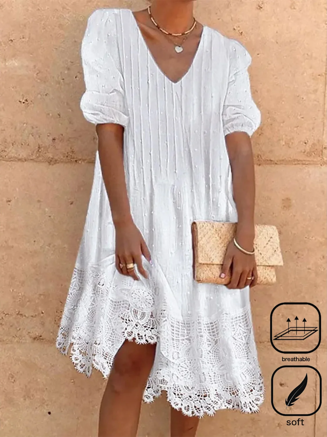 Women's Half Sleeve Summer Plain Lace Cotton Dress V Neck Daily Going Out Casual Midi H-Line