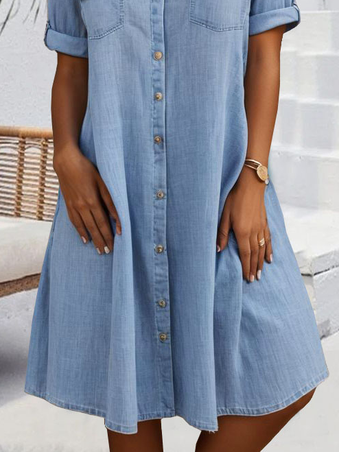 Casual Buckle Loose Shirt Collar Denim Dress