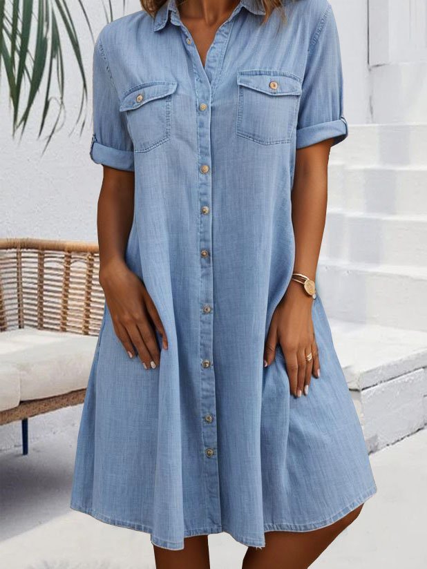 Casual Buckle Loose Shirt Collar Denim Dress