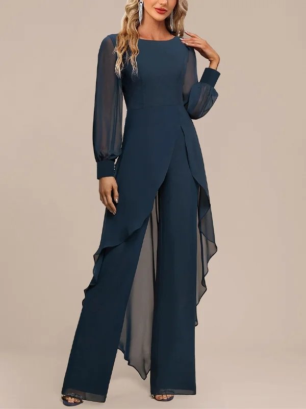 Loose Elegant Chiffon Crew Neck Jumpsuit | justfashionnow