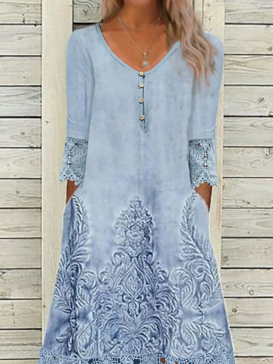 Women's Long Sleeve Spring/Fall Random Print Lace Dress Asymmetrical Daily Going Out Casual Maxi H-Line Blue