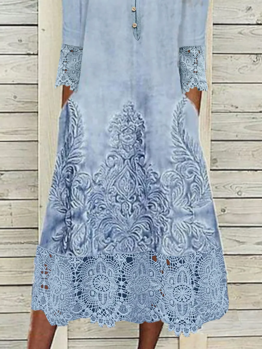 Women's Long Sleeve Spring/Fall Random Print Lace Dress Asymmetrical Daily Going Out Casual Maxi H-Line Blue