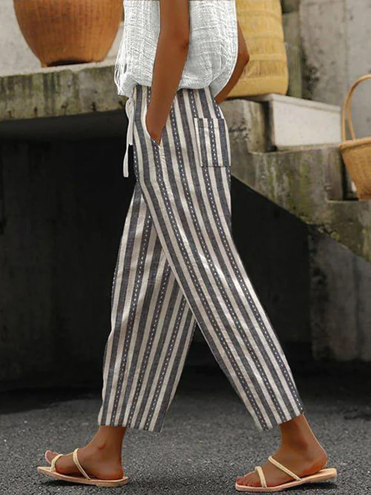 Women's H-Line Daily Going Out Pants Casual Pocket Stitching Cotton Striped Spring/Fall Pants