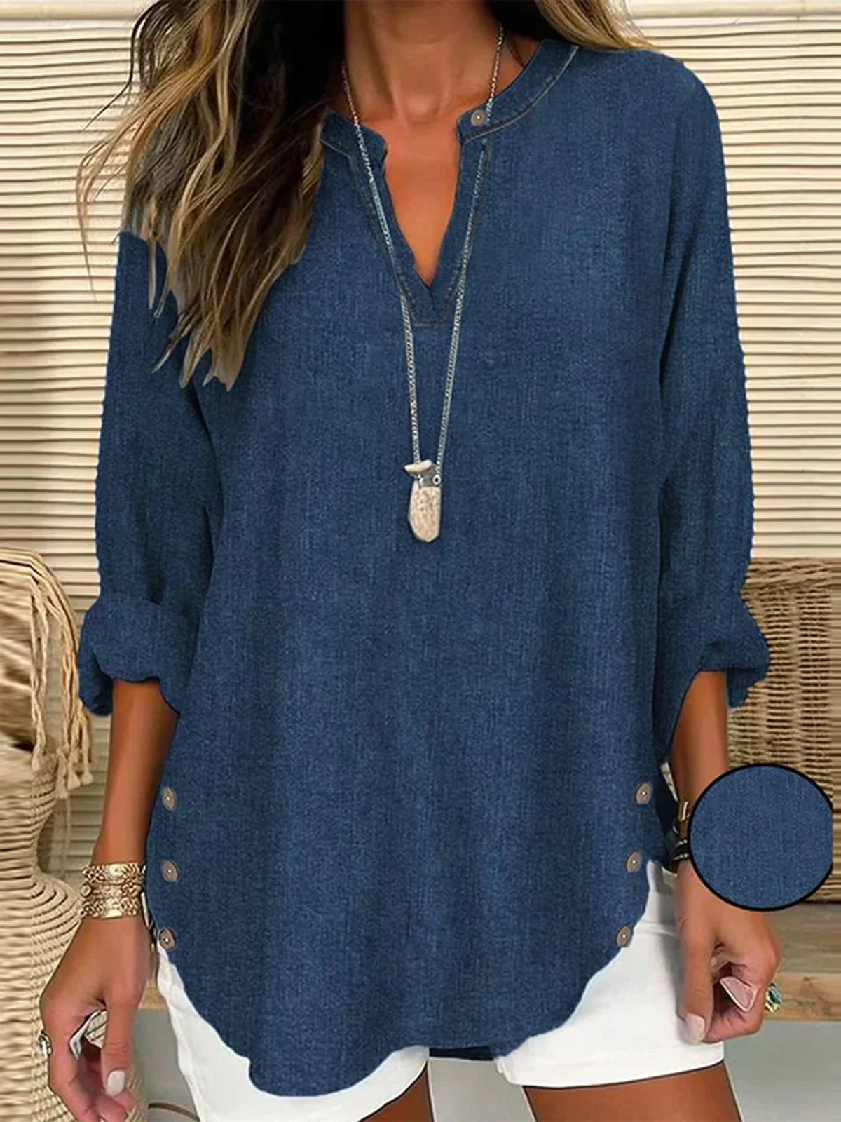 Women's Long Sleeve Blouse Spring/Fall Plain Buckle Notched Daily Going Out Casual Top Blue