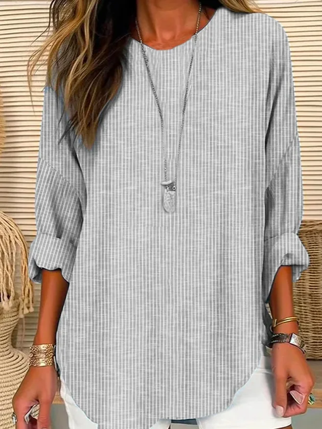 Women's Long Sleeve Blouse Spring/Fall Striped Crew Neck Daily Going Out Casual Top Gray