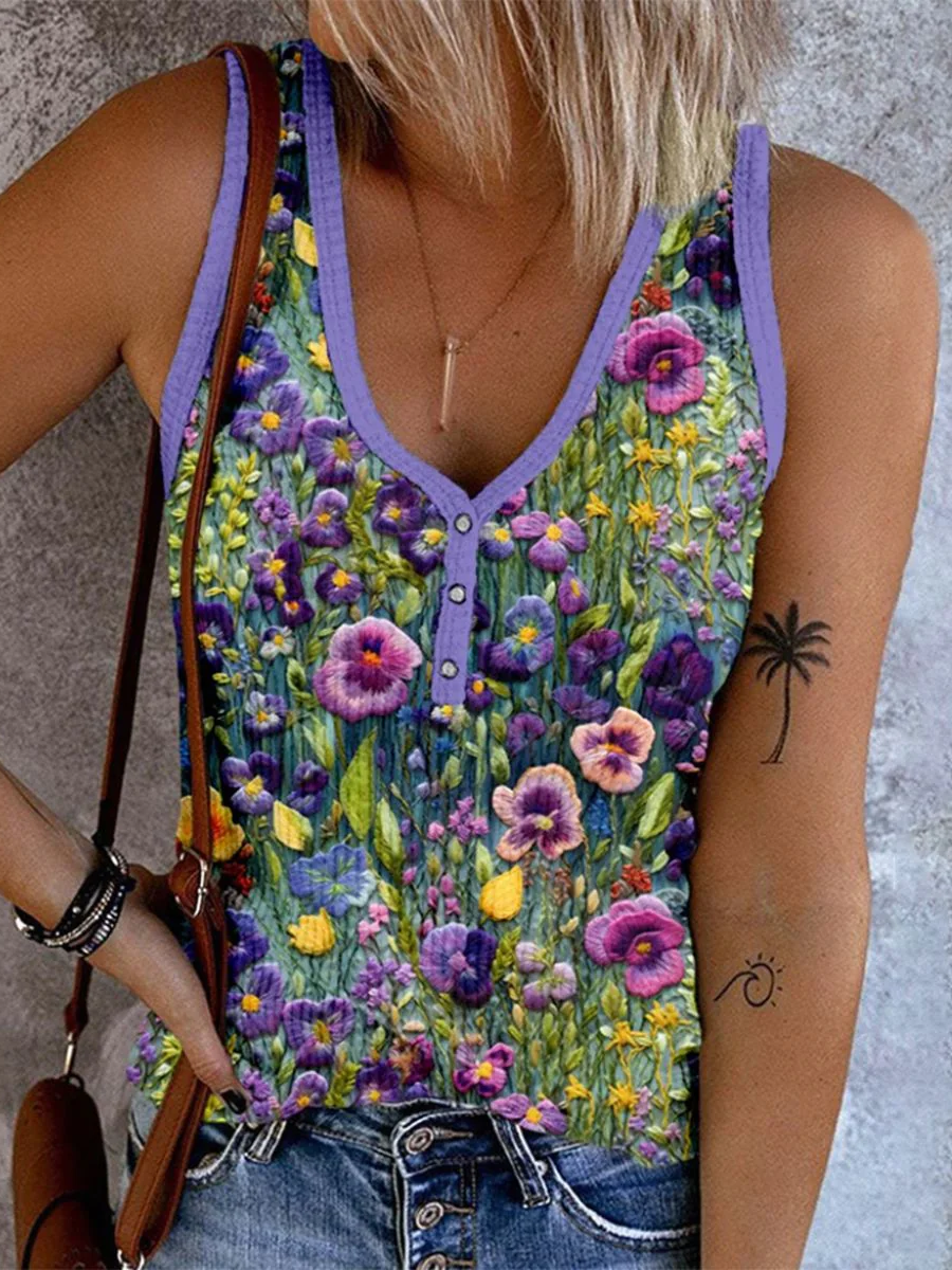 Women's Sleeveless Tank Top Camisole Summer Floral Buckle V Neck Daily Going Out Casual Top