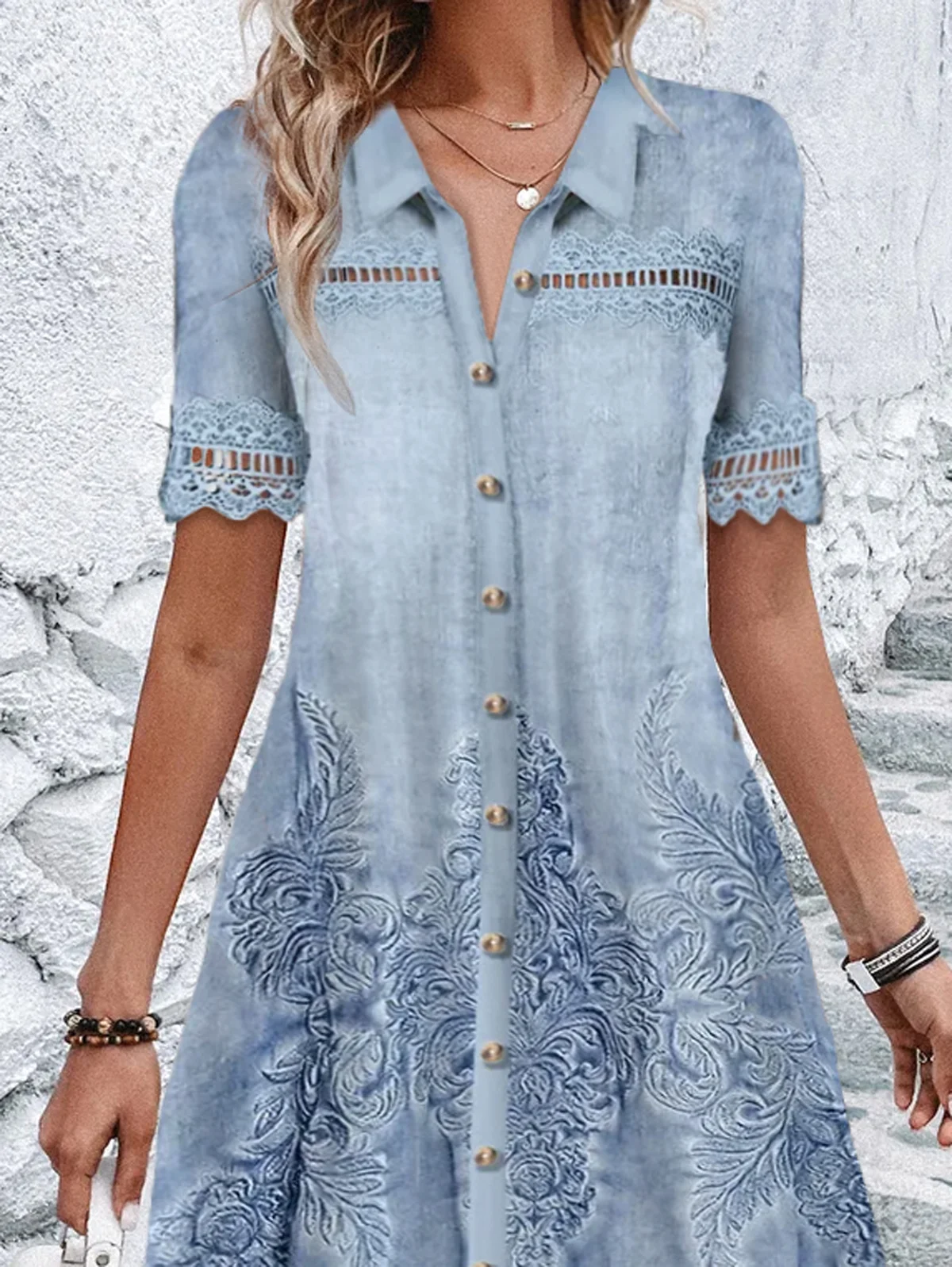 Women's Short Sleeve Summer Ethnic Lace Dress Shirt Collar Daily Going Out Casual Mini H-Line