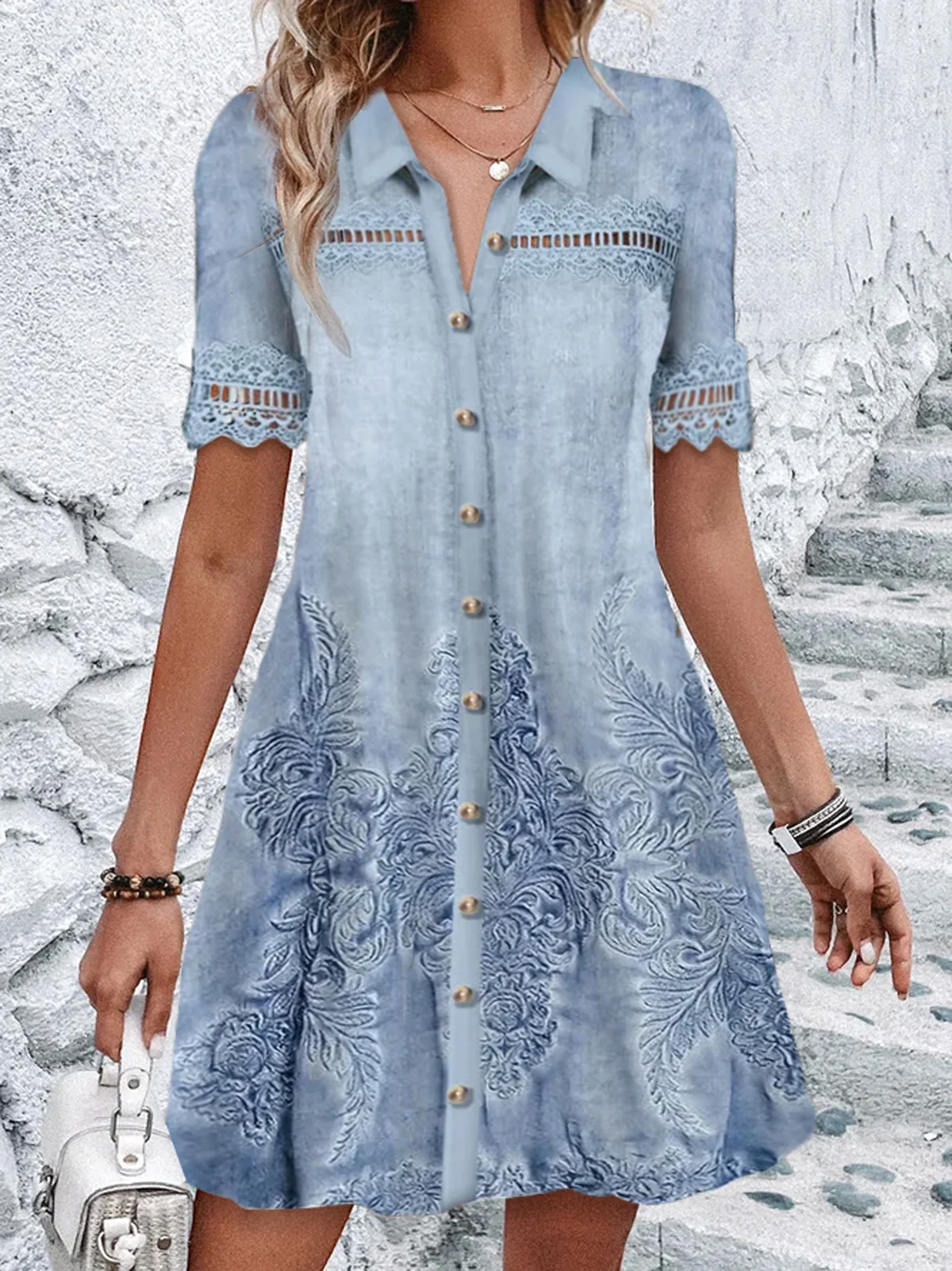 Women's Short Sleeve Summer Ethnic Lace Dress Shirt Collar Daily Going Out Casual Mini H-Line