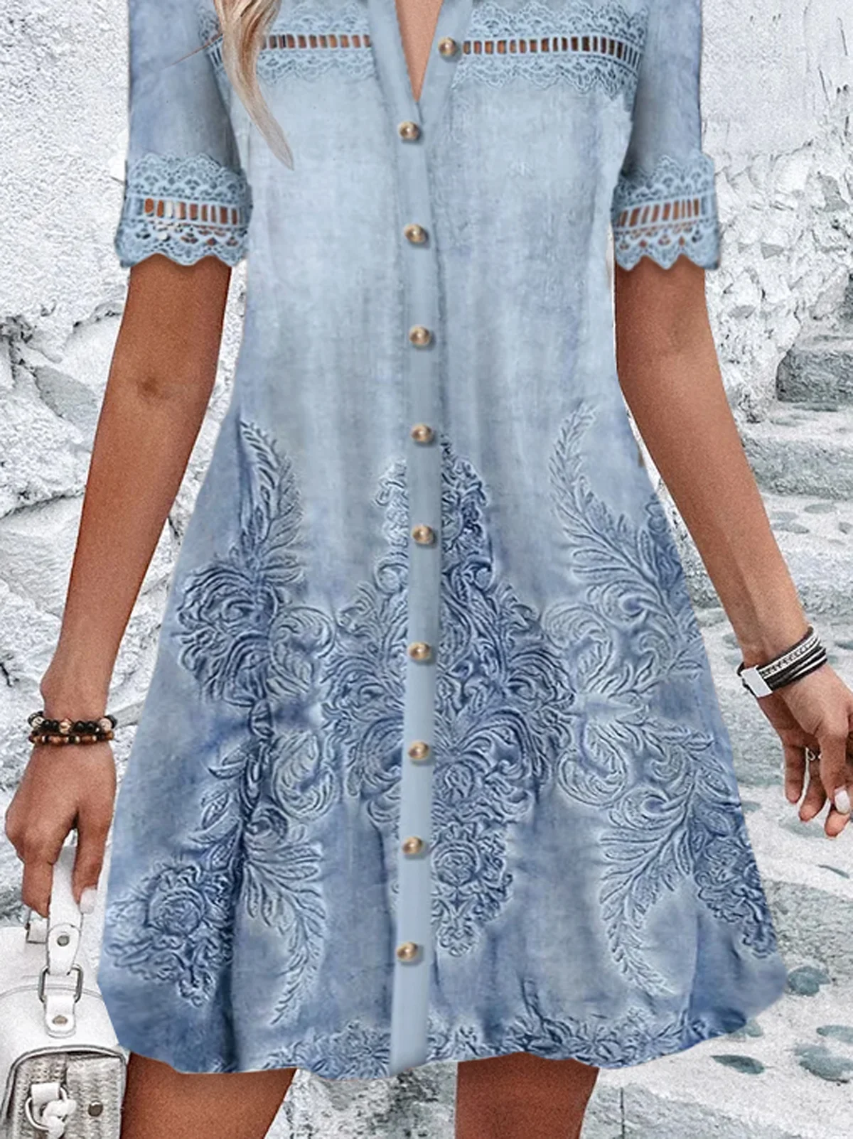 Women's Short Sleeve Summer Ethnic Lace Dress Shirt Collar Daily Going Out Casual Mini H-Line