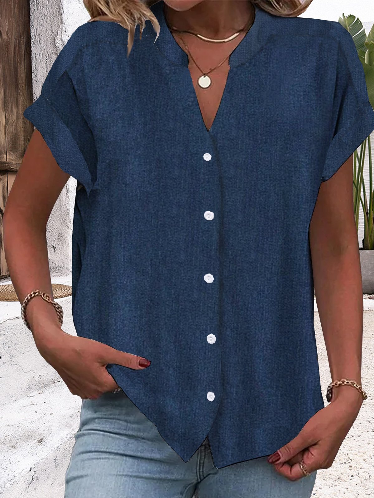 Women's Short Sleeve Shirt Summer Plain V Neck Daily Going Out Casual Top Purplish blue