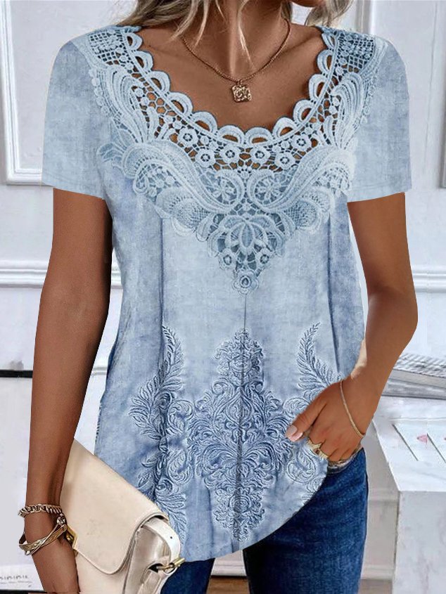 Women's Short Sleeve Blouse Summer Random Print Lace Jersey Crew Neck Daily Going Out Casual Top