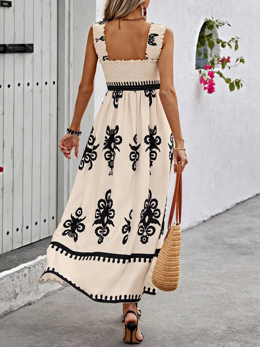 Women's Sleeveless Summer Nationality/ethnic Scramble Dress Spaghetti Daily Going Out Casual Maxi A-Line Slip Dress Apricot