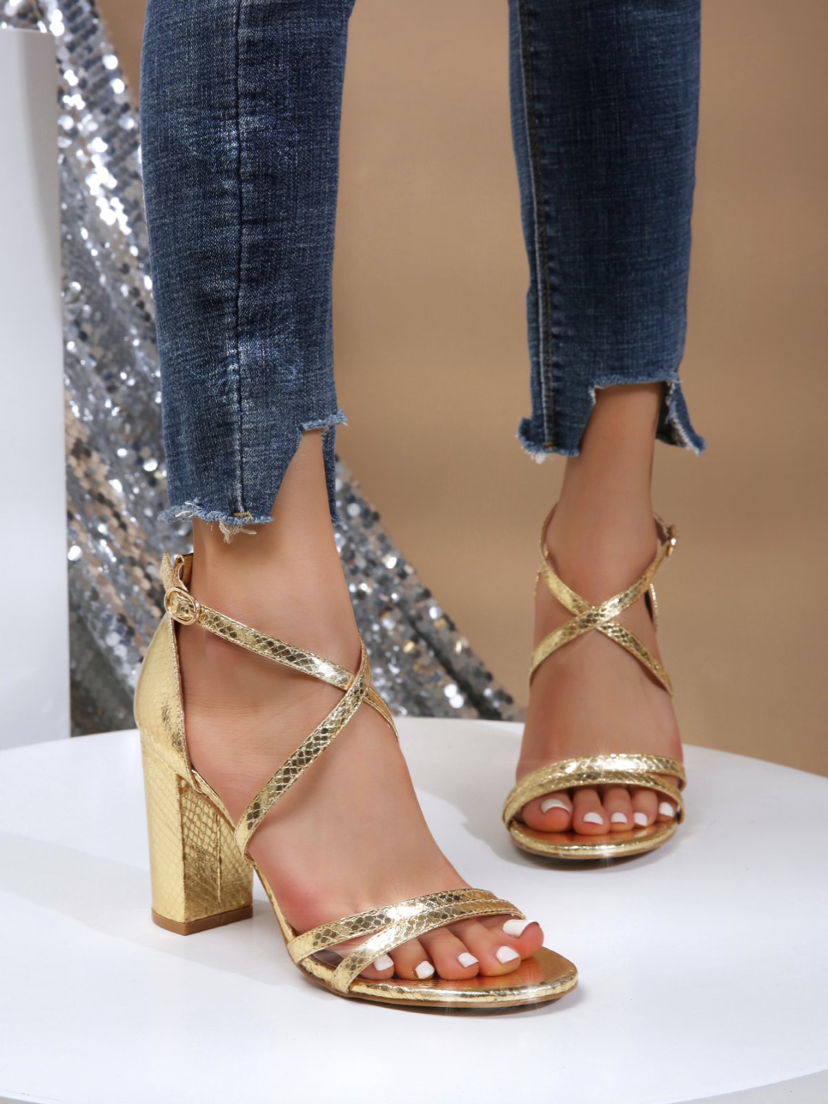 Metallic Embossed Chunky Heeled Strappy Sandals