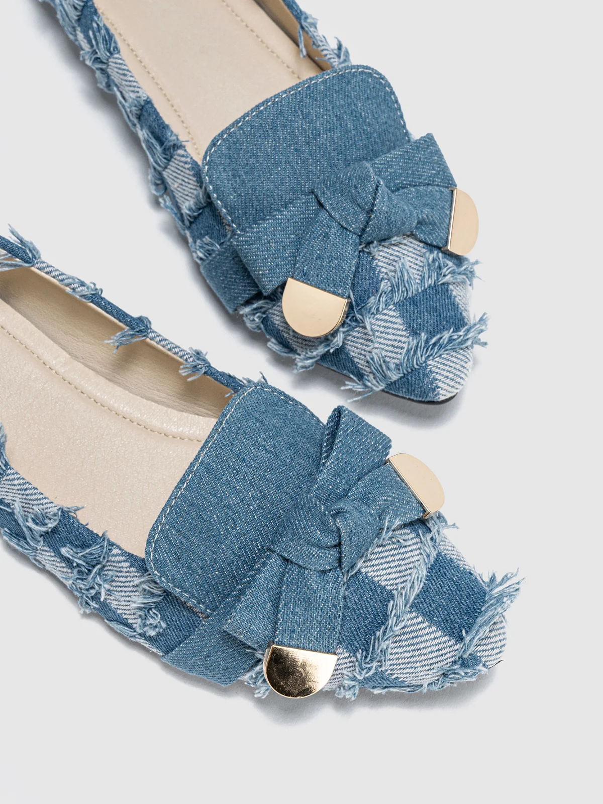 Fashionable Denim Plaid Fringe Bowknot Flat  Shallow Shoes