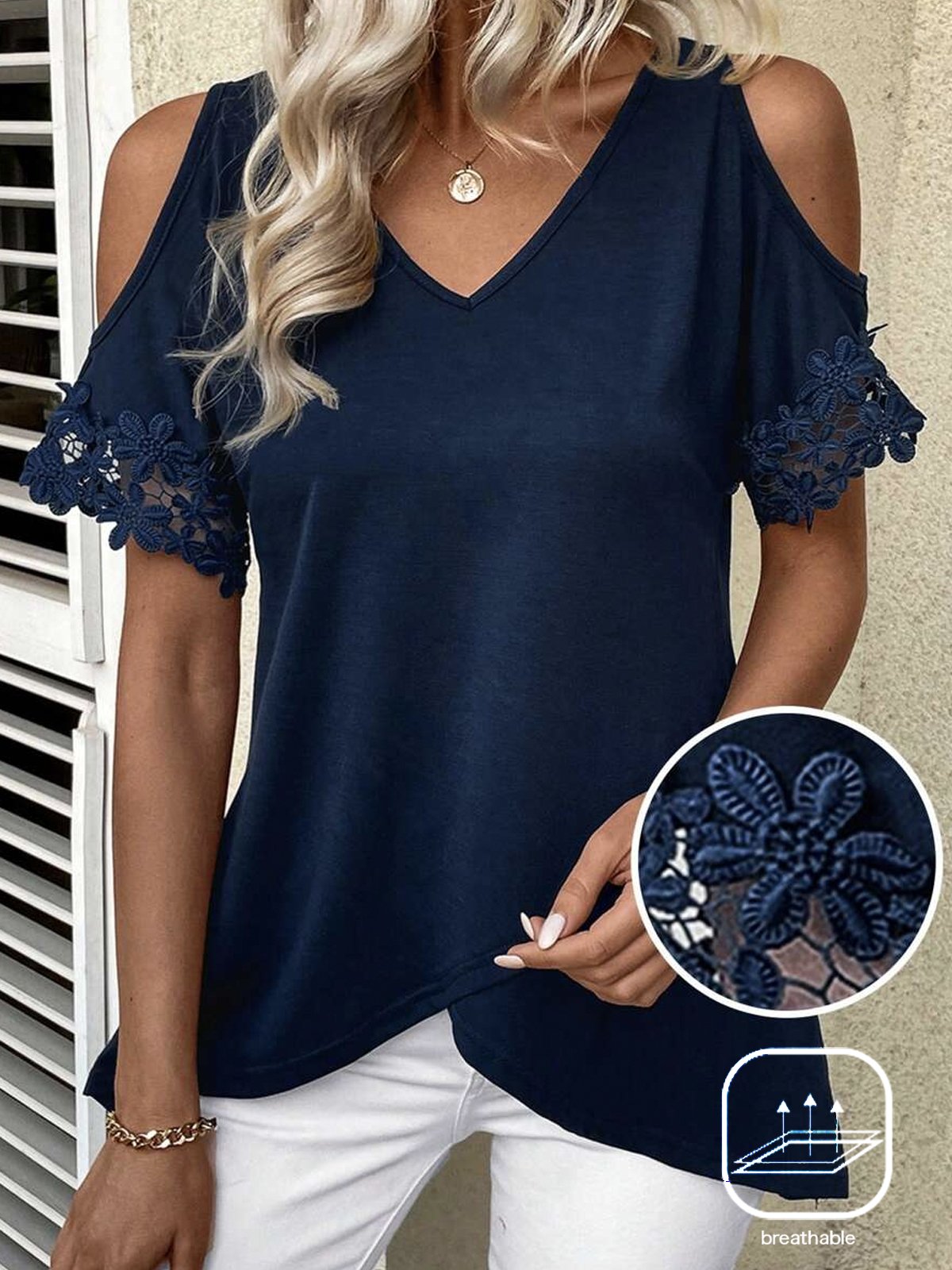 Women's Short Sleeve Tee T-shirt Summer Plain Lace V Neck Casual Top