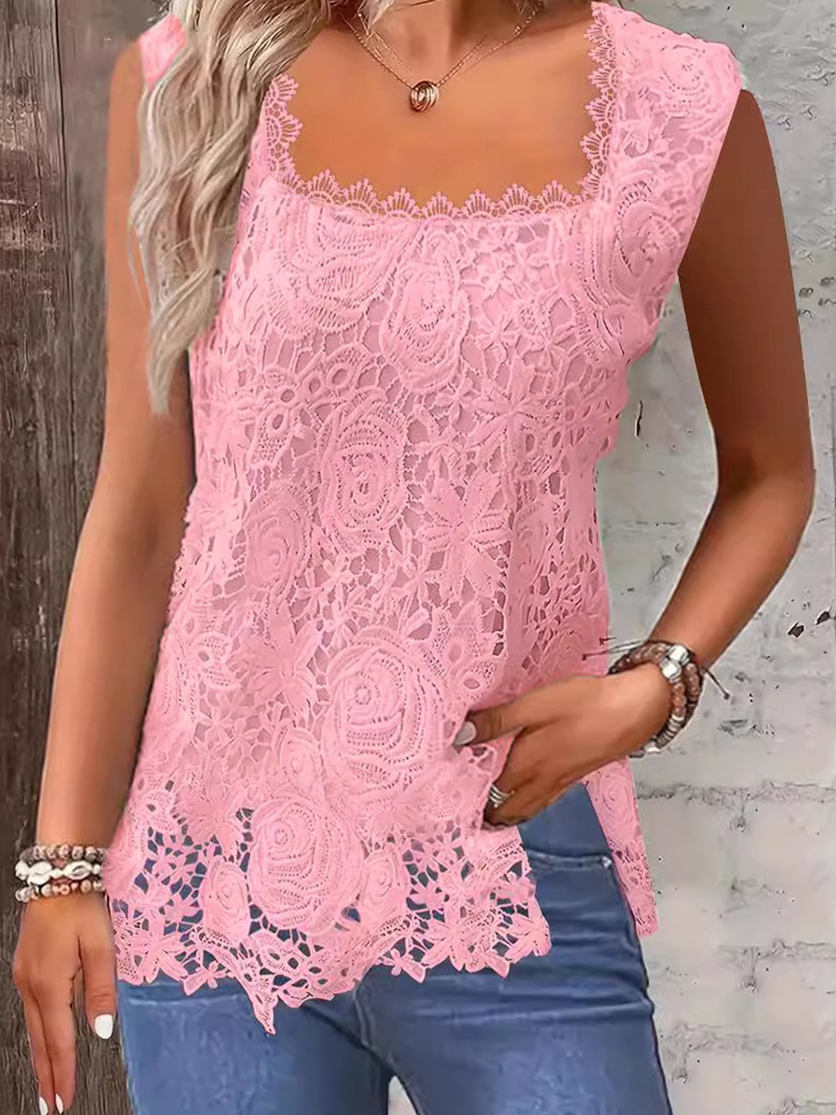 Women's Sleeveless Tank Top Camisole Summer Plain Lace Square Neck Daily Going Out Casual Top