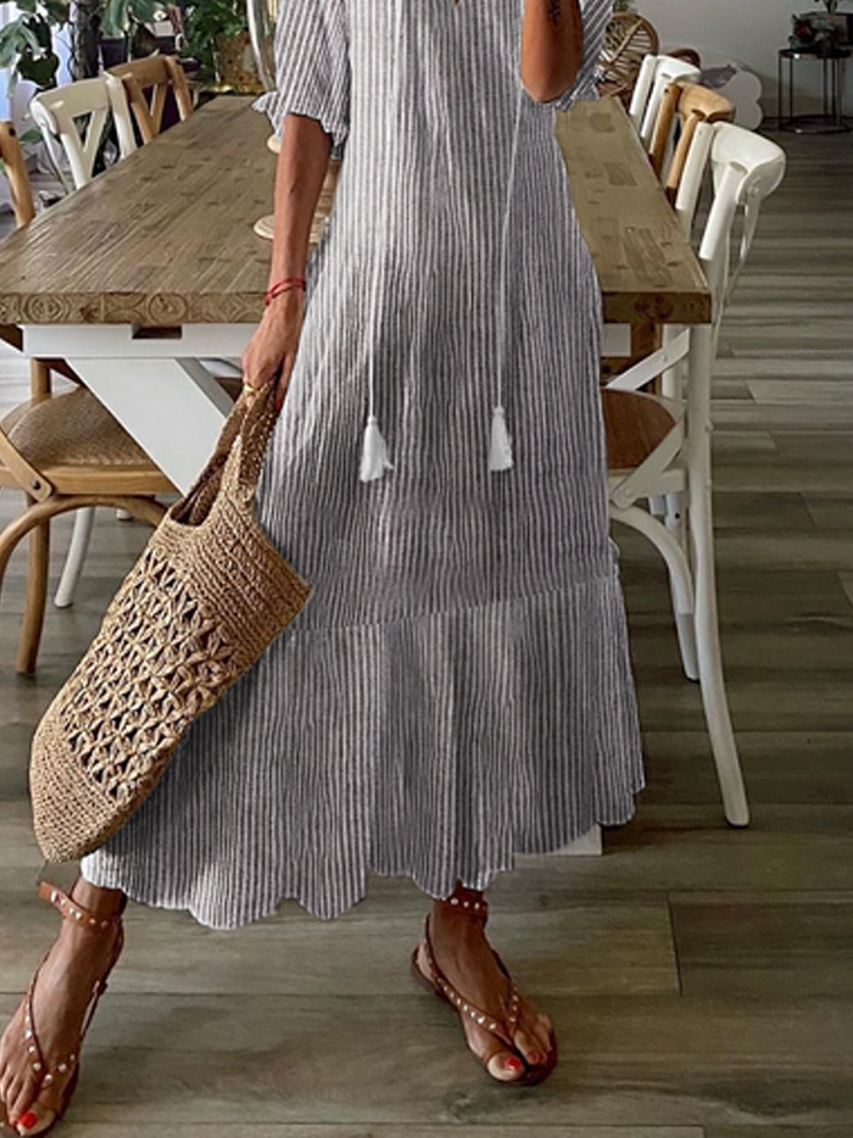 Women's Half Sleeve Summer Striped Cotton Dress V Neck Daily Going Out Casual Maxi H-Line Gray