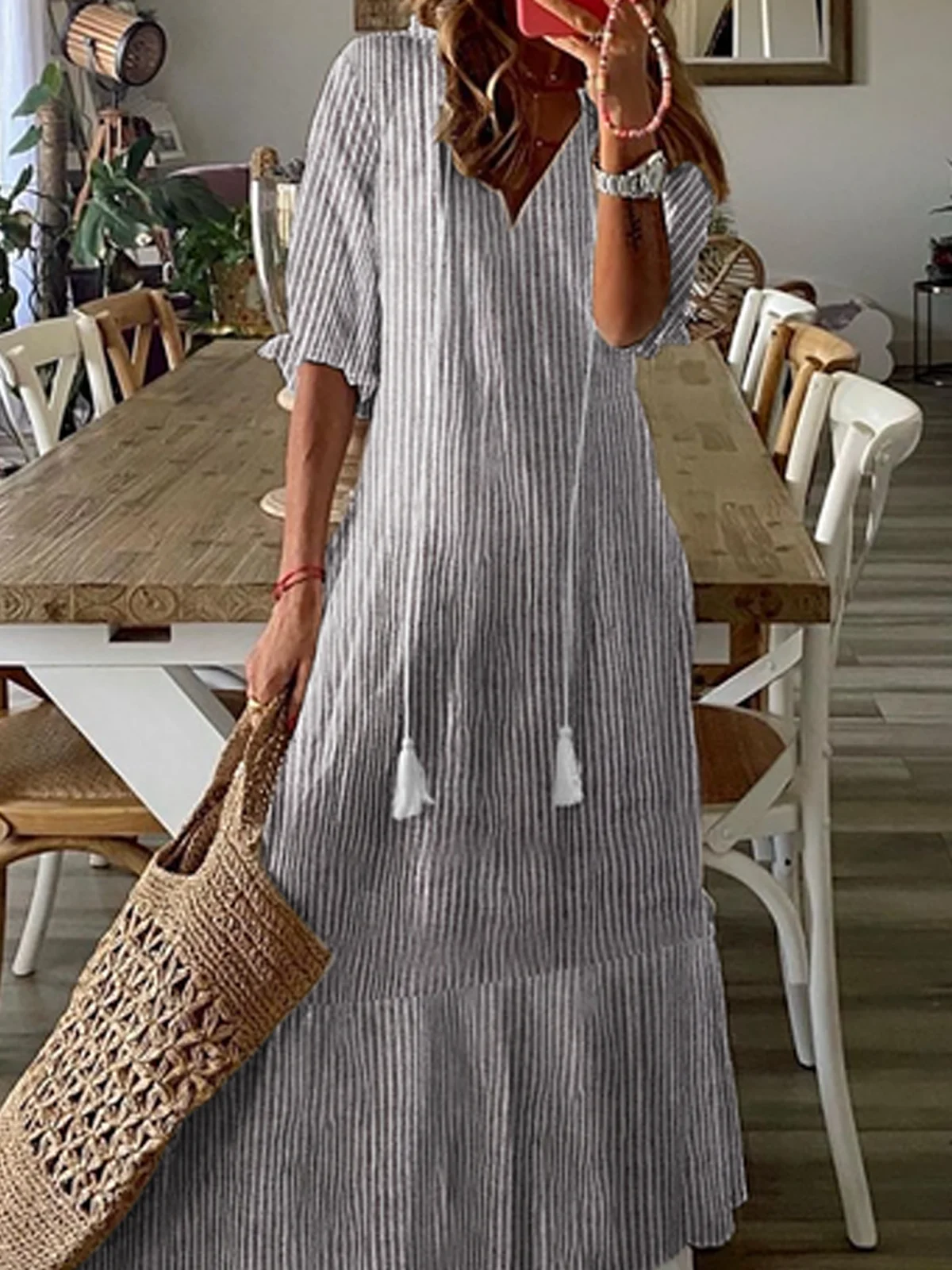 Women's Half Sleeve Summer Striped Cotton Dress V Neck Daily Going Out Casual Maxi H-Line Gray