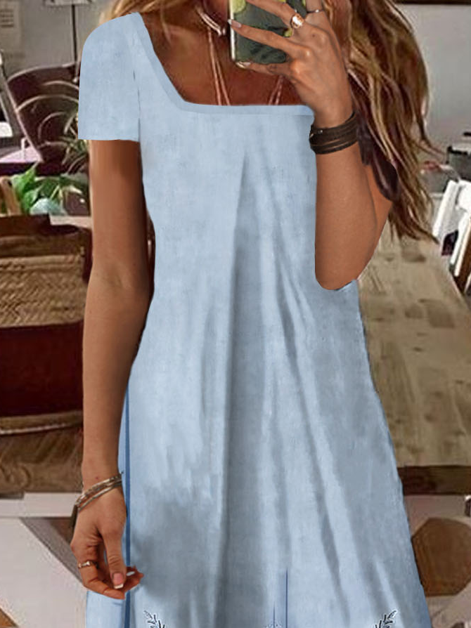 Women's Short Sleeve Summer Abstract Dress Square Neck Daily Going Out Casual Maxi A-Line T-Shirt Dress