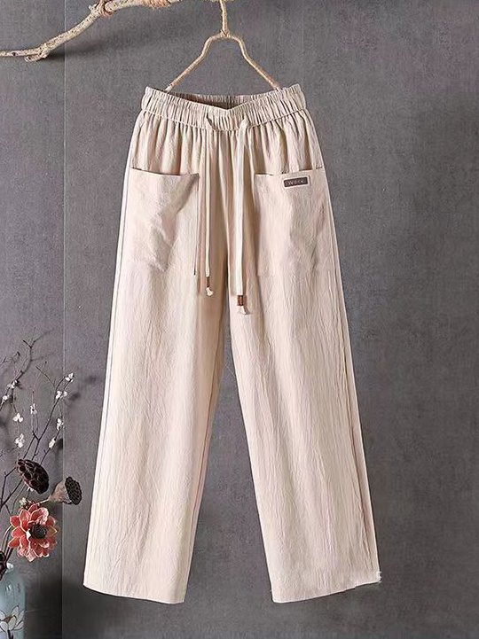 Women's Elastic Waist H-Line Straight Pants Daily Going Out Pants Casual Cotton And Linen Plain Spring/Fall Pants