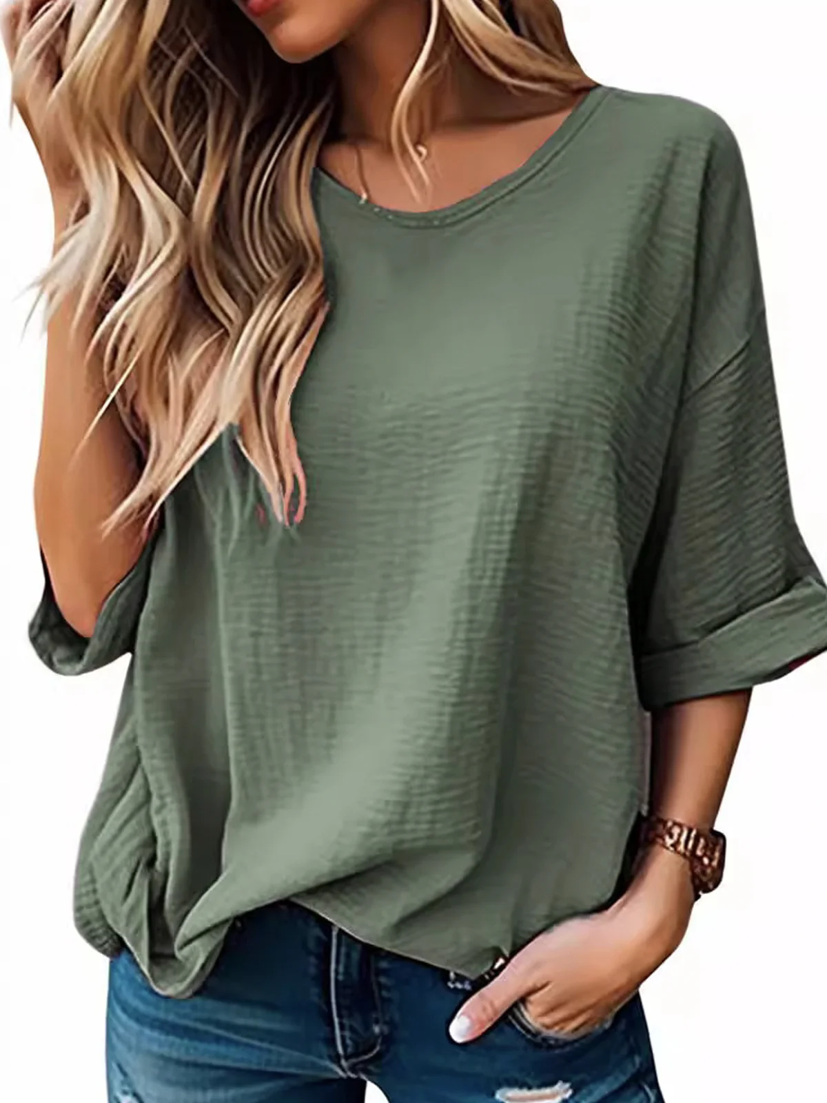 Women's 3/4 Sleeve Blouse Summer Plain Crew Neck Daily Going Out Casual Top Blue