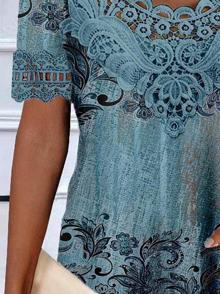 Women's Short Sleeve Blouse Summer Ethnic Lace Edge Lace Collar Daily Going Out Casual Top Blue
