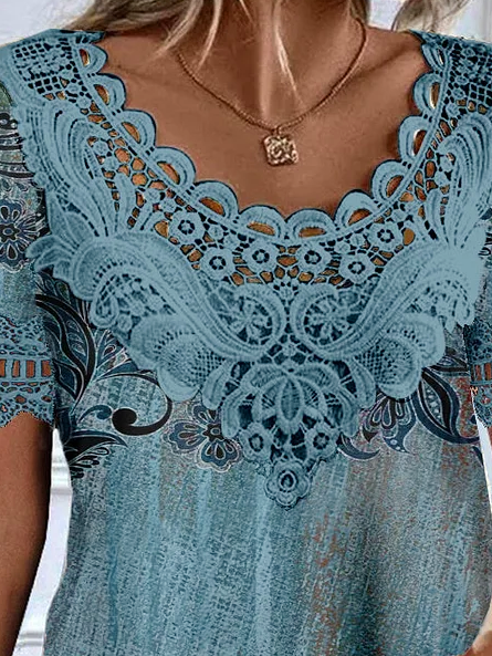 Women's Short Sleeve Blouse Summer Ethnic Lace Edge Lace Collar Daily Going Out Casual Top Blue
