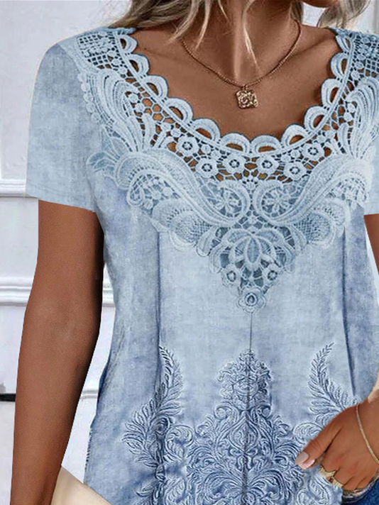 Plus Size Casual Lace Crew Neck Nationality/Ethnic Shirt