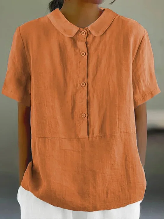 Women's Short Sleeve Blouse Summer Plain Buckle Cotton Shirt Collar Daily Going Out Casual Top Orange Red