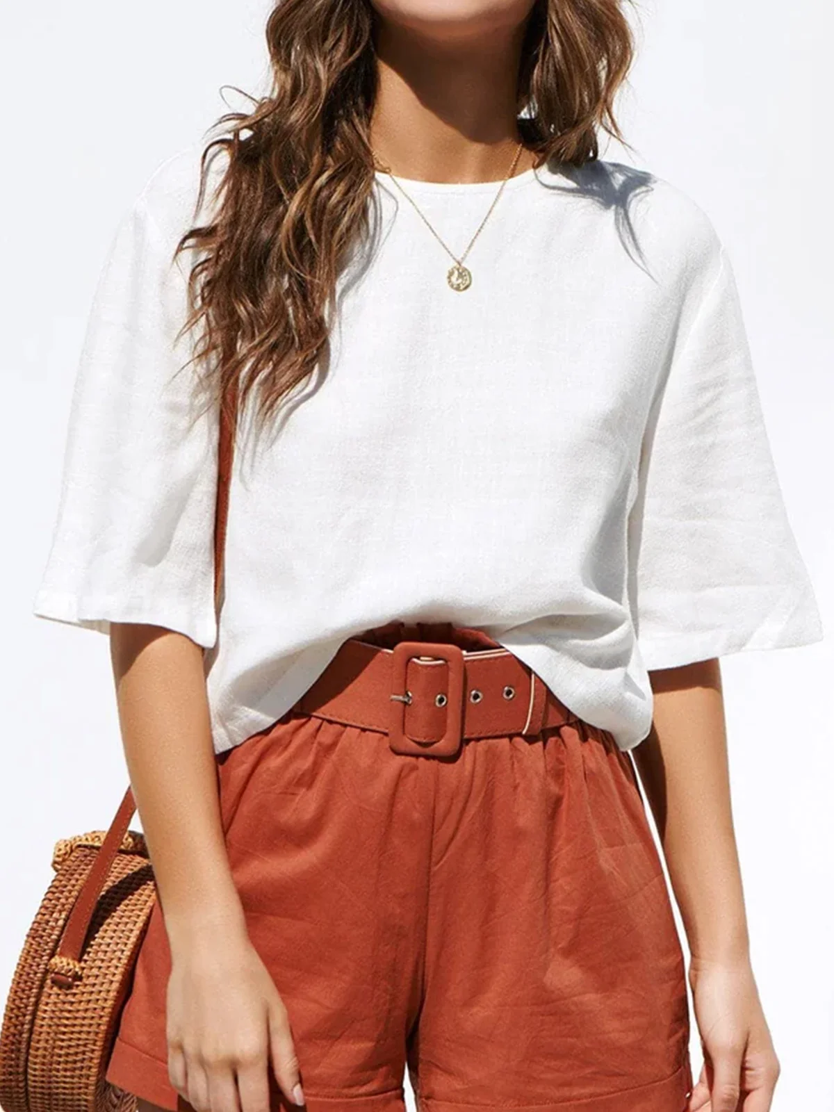 Women's Short Sleeve Blouse Summer Plain Buckle Cotton Crew Neck Daily Going Out Casual Top White