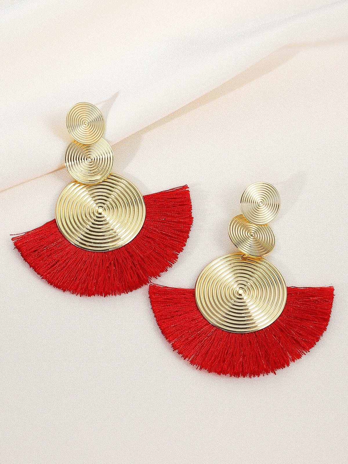 1pair Bohemian Exaggerated Metal Circle Fringed Drop Earrings