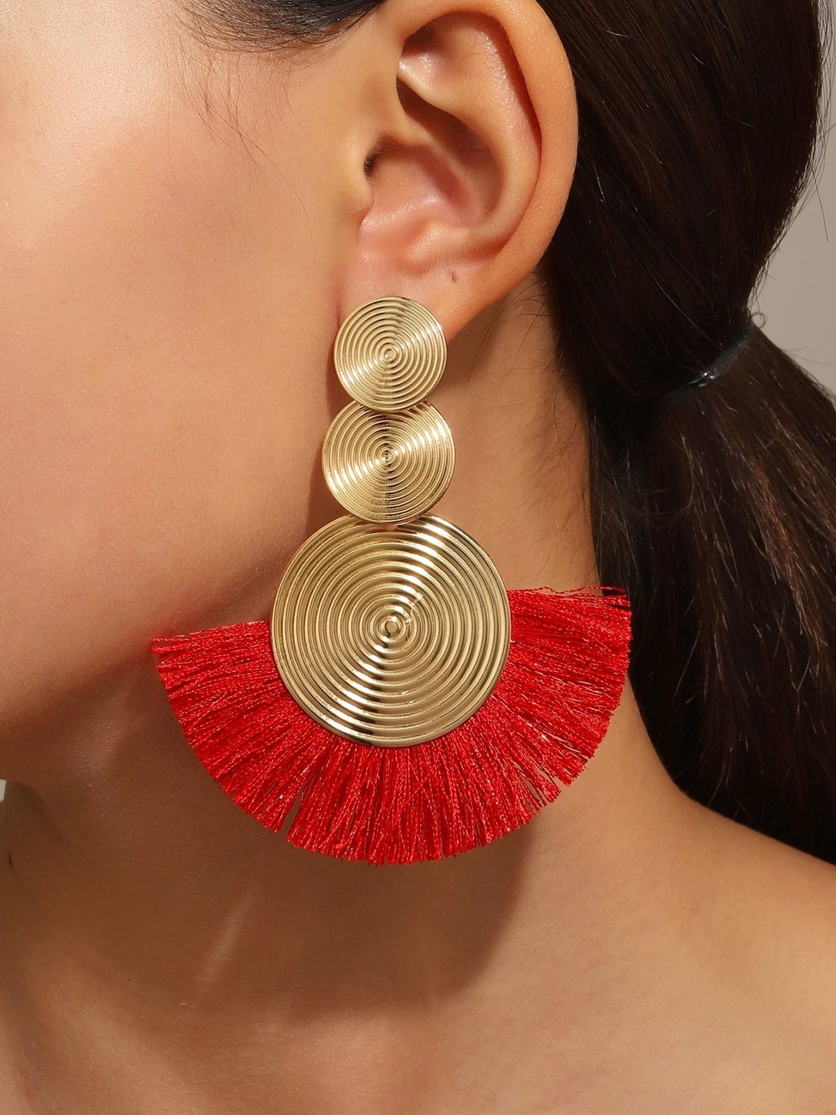 1pair Bohemian Exaggerated Metal Circle Fringed Drop Earrings