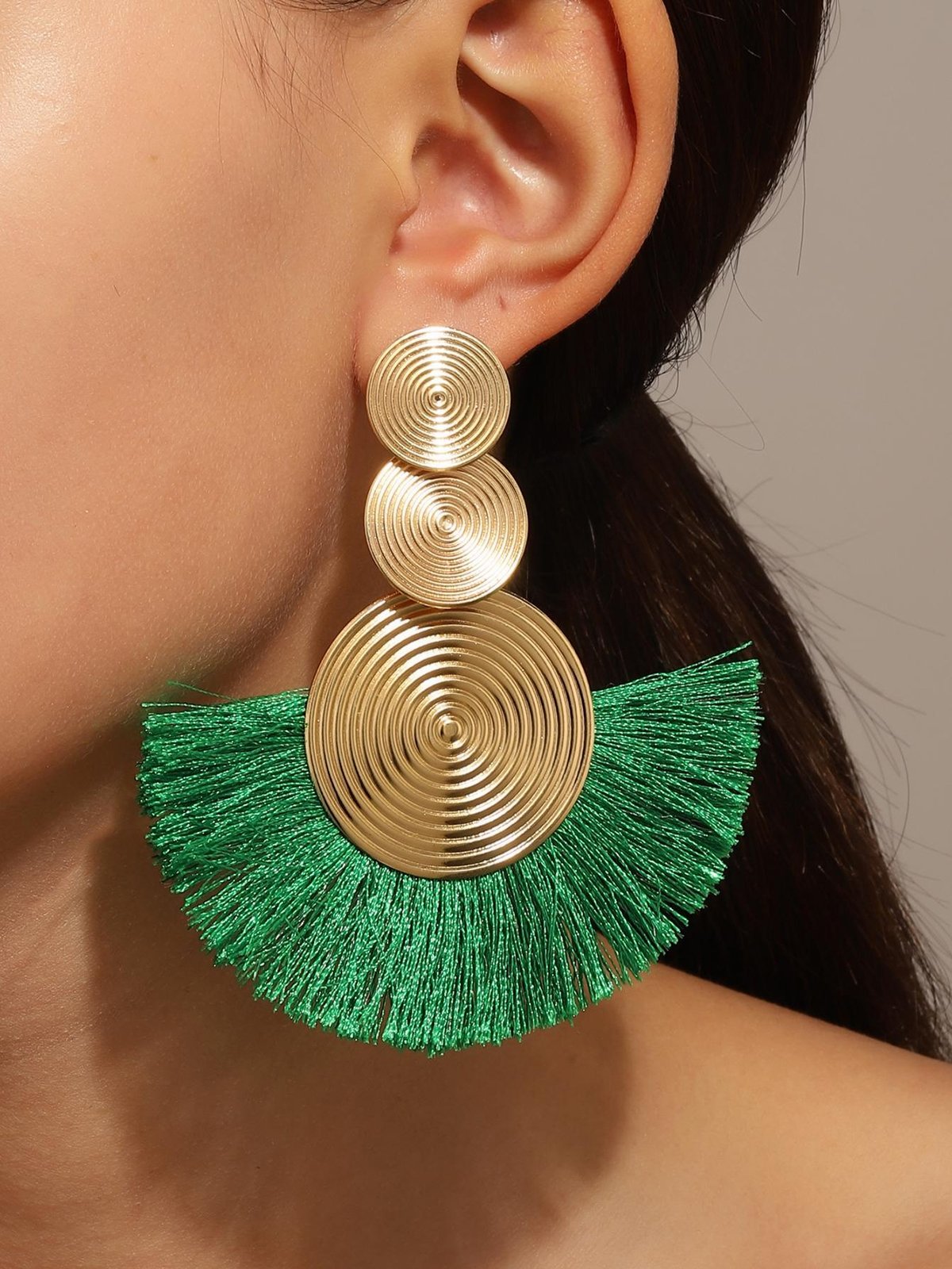 1pair Bohemian Exaggerated Metal Circle Fringed Drop Earrings