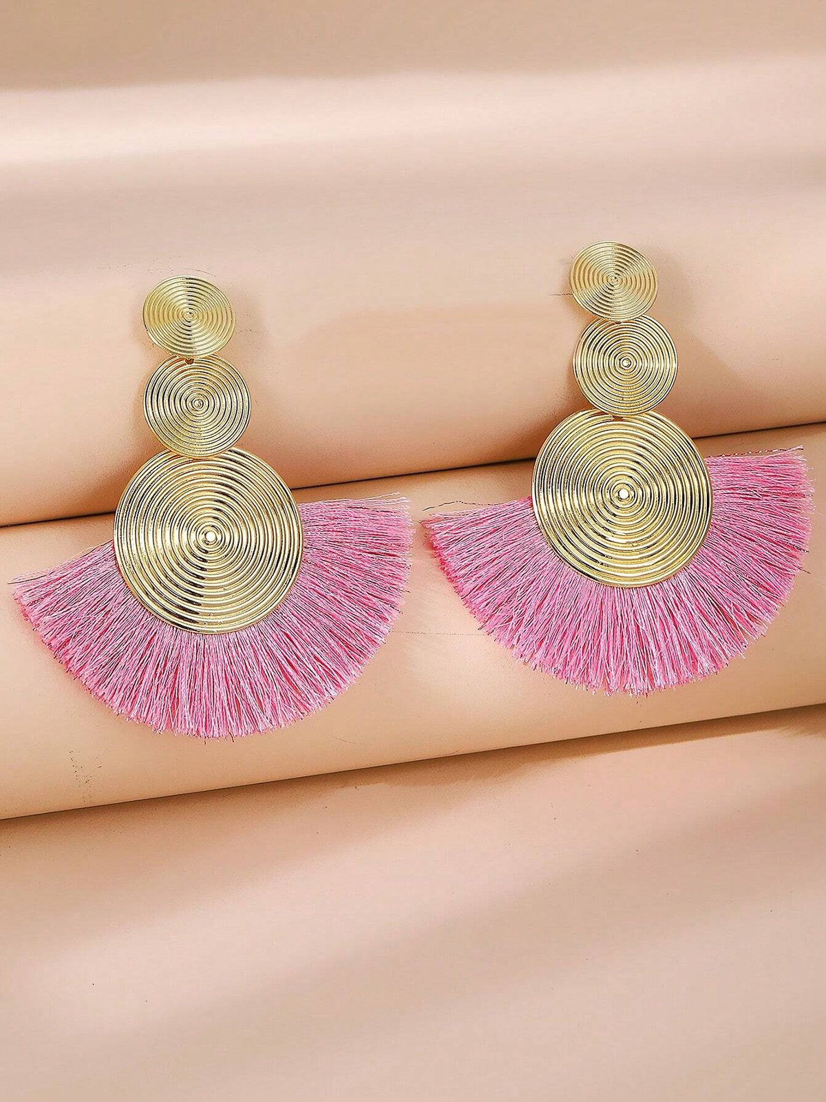 1pair Bohemian Exaggerated Metal Circle Fringed Drop Earrings