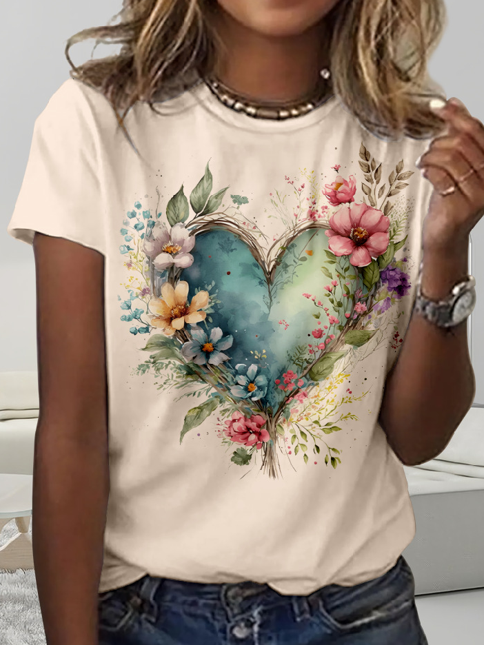 Women's Short Sleeve Tee T-shirt Summer Floral Crew Neck Daily Going Out Casual Top Apricot