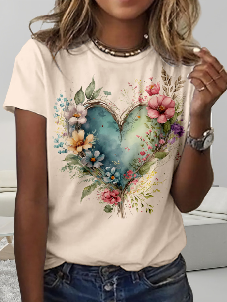 Women's Short Sleeve Tee T-shirt Summer Floral Crew Neck Daily Going Out Casual Top Apricot