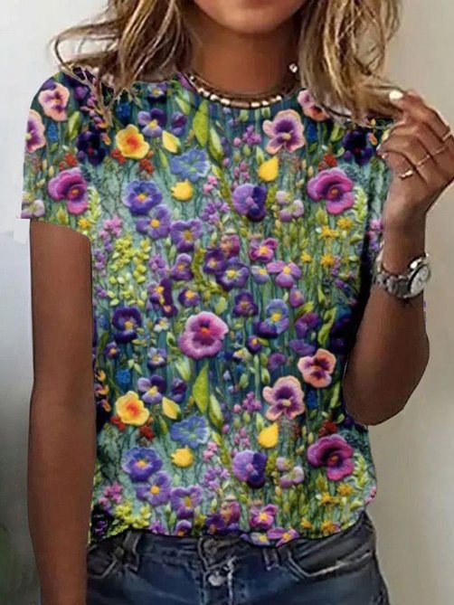 Women's Short Sleeve Tee T-shirt Summer Floral Crew Neck Casual Top