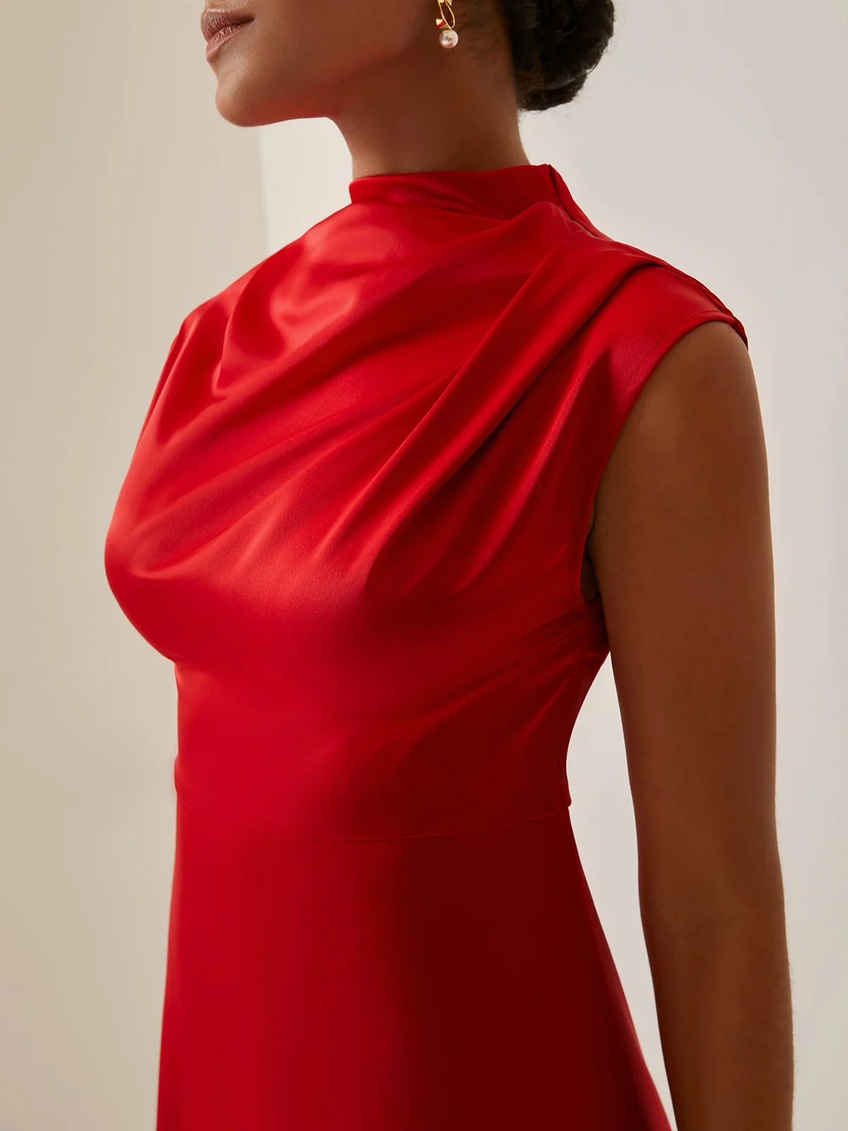 Half Turtleneck Silk Satin Simple Plain Dress