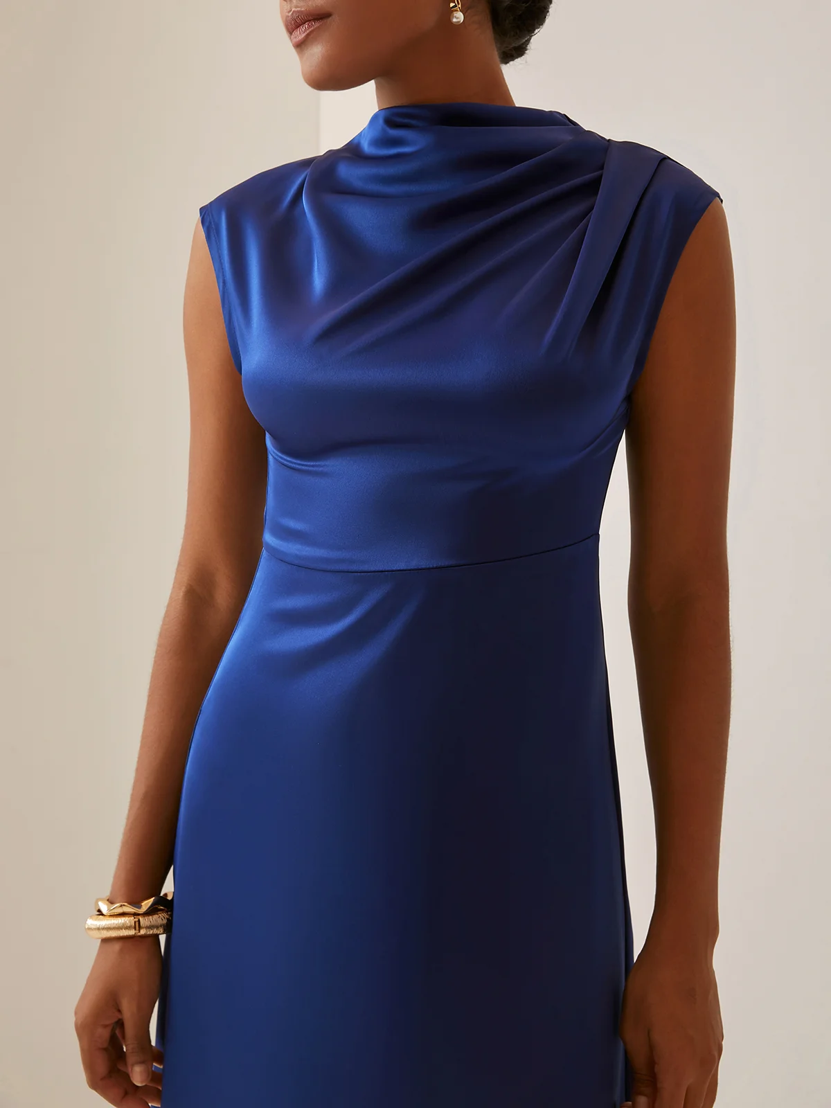 Half Turtleneck Silk Satin Simple Plain Dress