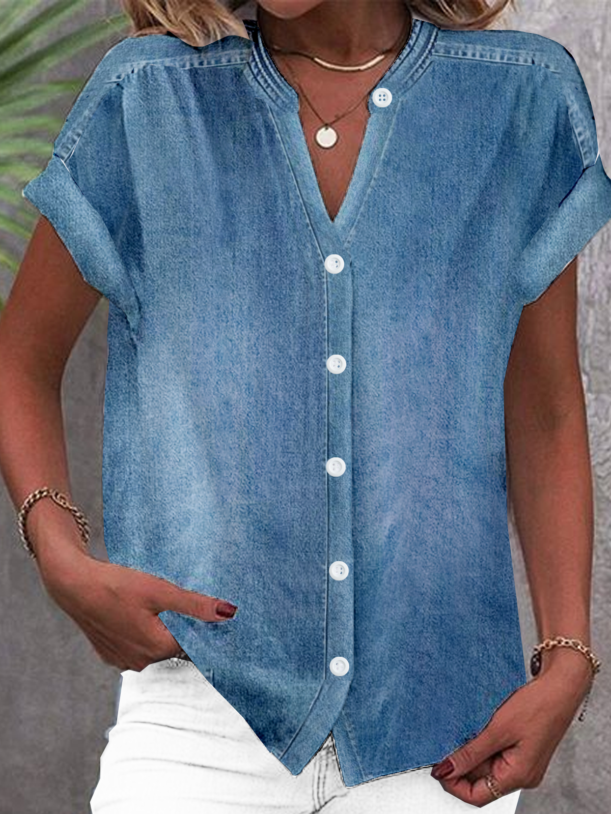 Denim Washing Process Stand Collar Casual Denim Blouse