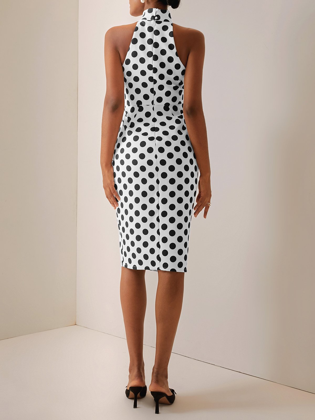 Women's Sleeveless Summer Polka Dots Ruched Dress Mock Neck Commuting Going Out Urban Midi Bodycon