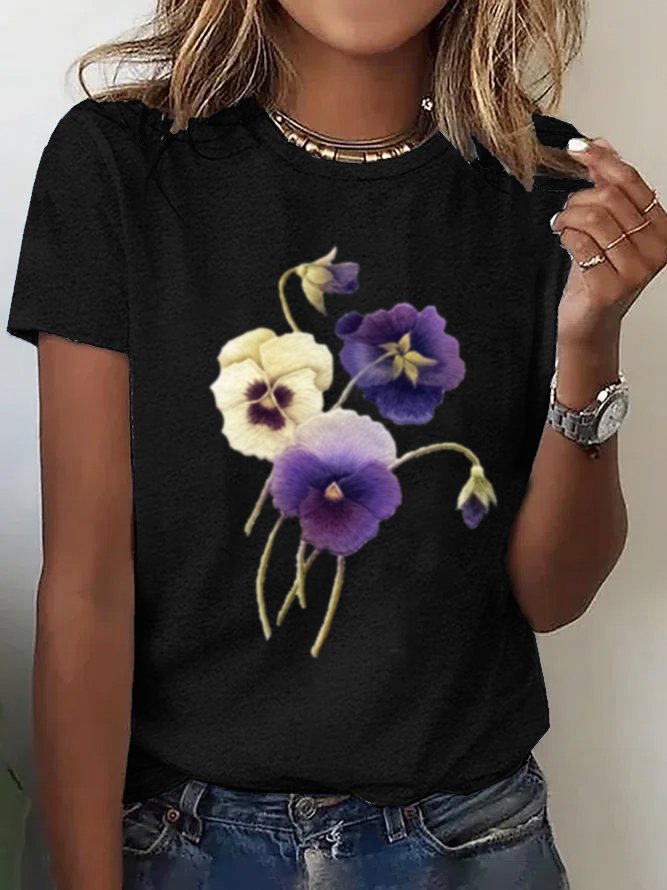 Women's Short Sleeve Tee/T-shirt Summer Floral Crew Neck Daily Going Out Casual Top Black